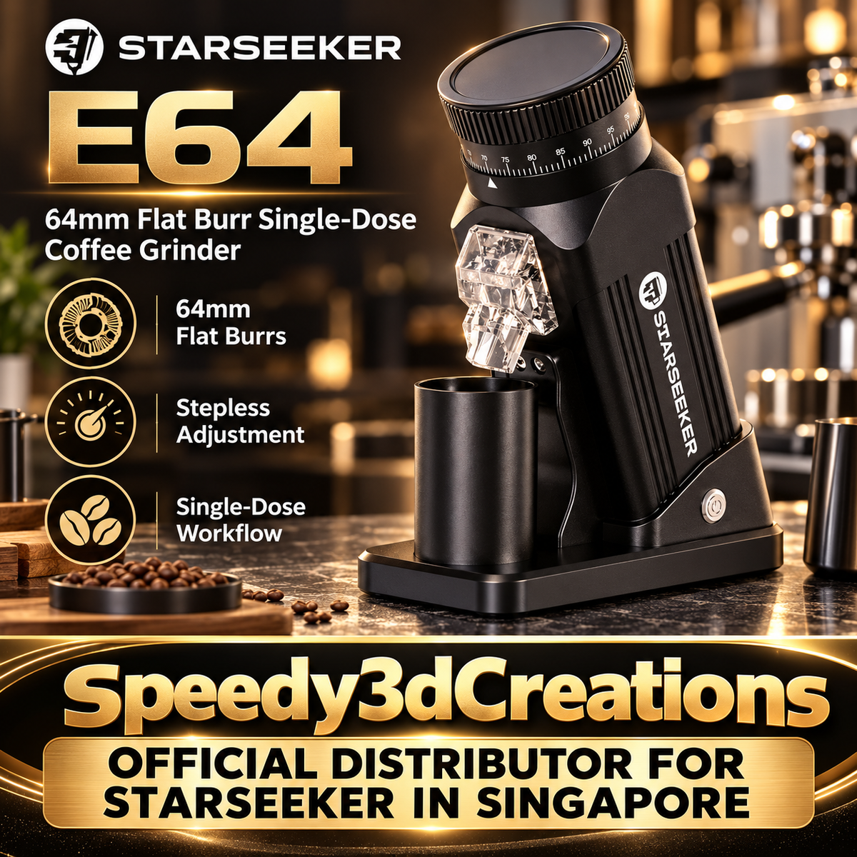 Starseeker E64 64mm Flat Burr Single Dose Coffee Grinder